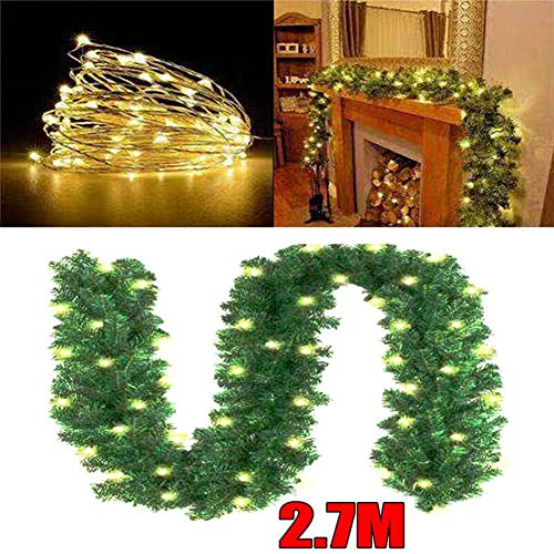 Weihnachtsgirlande,Girlande Weihnachten 2.7m Weihnachtsdekor for Hausjahr grün Girlande Kranz Weihnachten Party Künstliche Weihnachtsbaum Rattan Banner Hängende Verzierung von TroHollis