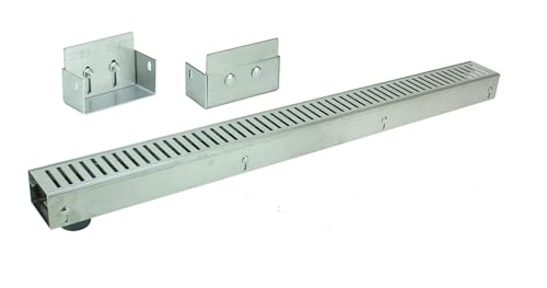 Edelstahlentwässerungsrinne mit Ablaufstutzen, Bauhöhe 60 bis 80mm, Rost Schlitzdesign SET Typ 1 von Trobak