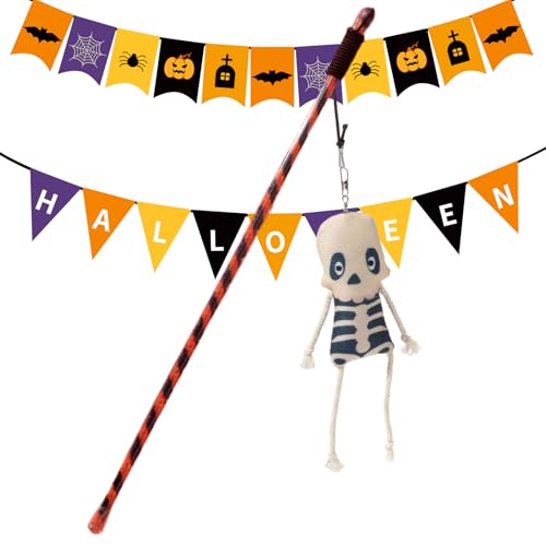 Trochate Katzenangel - Halloween Katzentrainingsstab,Ergonomische Katzenangel mit Kürbisgeist gegen Langeweile, zur Jagdsimulation, für Training und Bewegung von Trochate