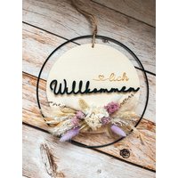Türkranz Mit Trockenblumen | Holzschild Türdeko Herzlich Willkommen Kranz Moderne Wanddeko Flowerloop von Trockenbar