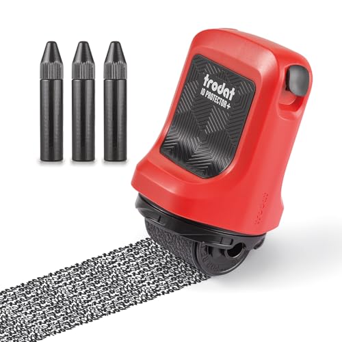 Trodat ID Protector+ Tintenroller (rot) – Datenschutz Rollstempel mit integriertem Paket- & Brieföffner (3in1) – inkl. 3 Nachfülltinten von Trodat