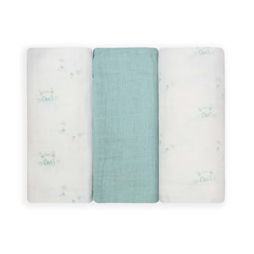 Trois Kilos Sept - 3 Stück Babywindeln – Geburt – Mehrzweck – Baumwollmusselin, geprägt – Öko-TEX® Standard 100 – Motiv Katzen – Wassergrün – 70 x 70 cm von Trois Kilos Sept