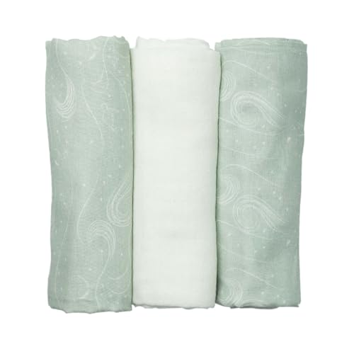 Trois Kilos Sept - 3 Windeln für Babys, Neugeborene, 100% Baumwollmusselin, vielseitig einsetzbar, schnelltrocknend, Zertifiziert nach Öko-TEX® Standard 100, Wassergrün, Meeresmotiv, 70 x 70 cm von Trois Kilos Sept