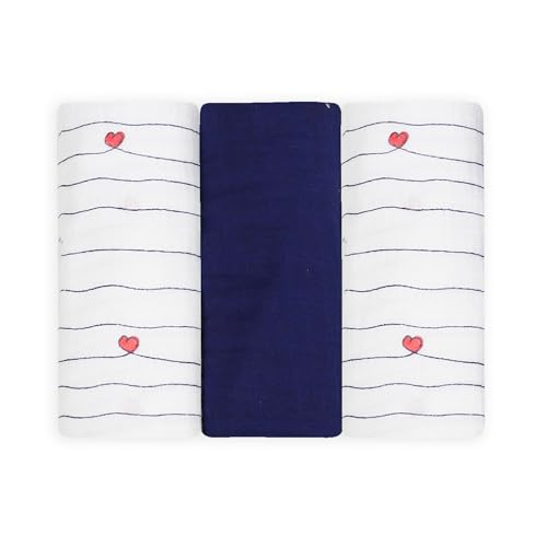 Trois Kilos Sept - Set mit 3 Babywindeln – Geburt – vielseitig einsetzbar: Pucken, Stillen, Wickeln, leichte Decke – 100% Baumwolle Öko-TEX® Standard 100 – Marineblau – gestreiftes Herzmotiv – 70 x von Trois Kilos Sept