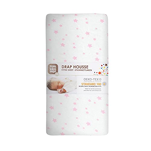 Trois Kilos Sept Spannbettlaken für Babys, 70 x 140 cm, 100% Baumwolle, Öko-Tex-Label, dehnbarer Jersey, rosa Sterne Trois Kilos Sept Spannbettlaken für Babys, 70 x 140 cm, 100% Baumwolle, Öko-Tex-Label, dehnbarer Jersey, rosa Sterne von Trois Kilos Sept