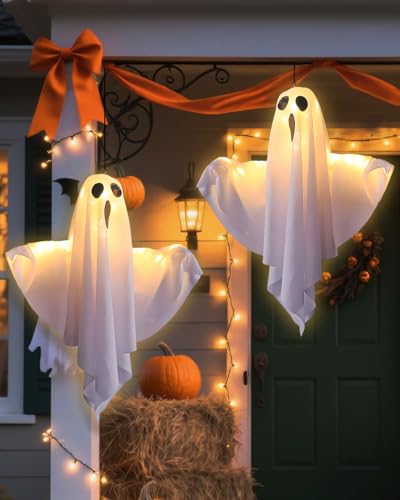Halloween Deko Geist Mit Warmweißen LED, 2 Stück 50cm Halloween Geistergesicht Windsack, Hängende Dekoration Geeignet für Hof, Garten, Terrasse, Rasen, Partydekor Halloween Deko Geist Mit Warmweißen LED, 2 Stück 50cm Halloween Geistergesicht Windsack, Hängende Dekoration Geeignet für Hof, Garten, Terrasse, Rasen, Partydekor von Trongle
