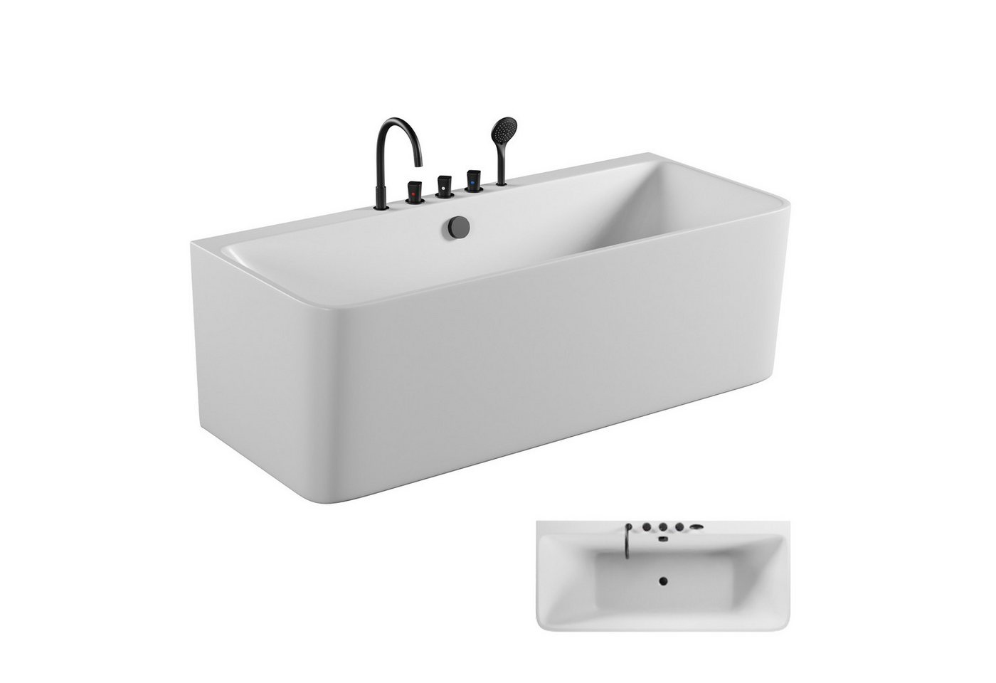 TroniTechnik Badewanne SARIA mit schwarzer Armatur, 170 x 80 x 58cm (L x B x H), (inkl. Armatur, vormontiert,hochwertiges Sanitäracryl, Wärmespeichernd, 3-tlg), glasfaserversärktes Acryl,Überlauf-Ablauf und Push-to-open Abfluss von TroniTechnik