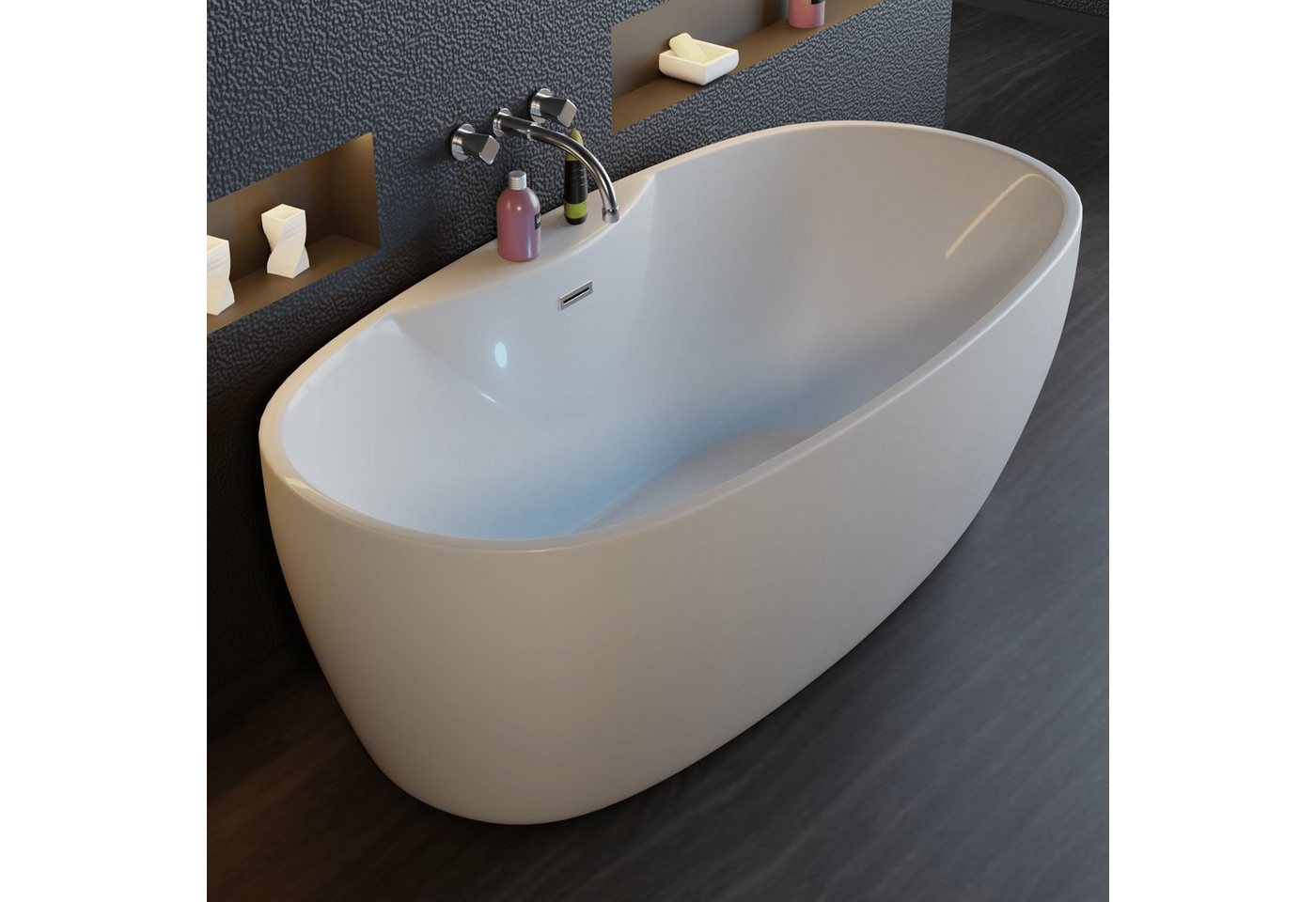 TroniTechnik Badewanne Freistehende Badewanne ANAFI, 170 x 80 x 58cm (L x B x H), (vormontiert, aus hochwertigem Sanitäracryl, Wärmespeichernd, 1-tlg), glasfaserversärktes Acryl, mit Überlauf-Ablauf, Push-to-open Abfluss von TroniTechnik