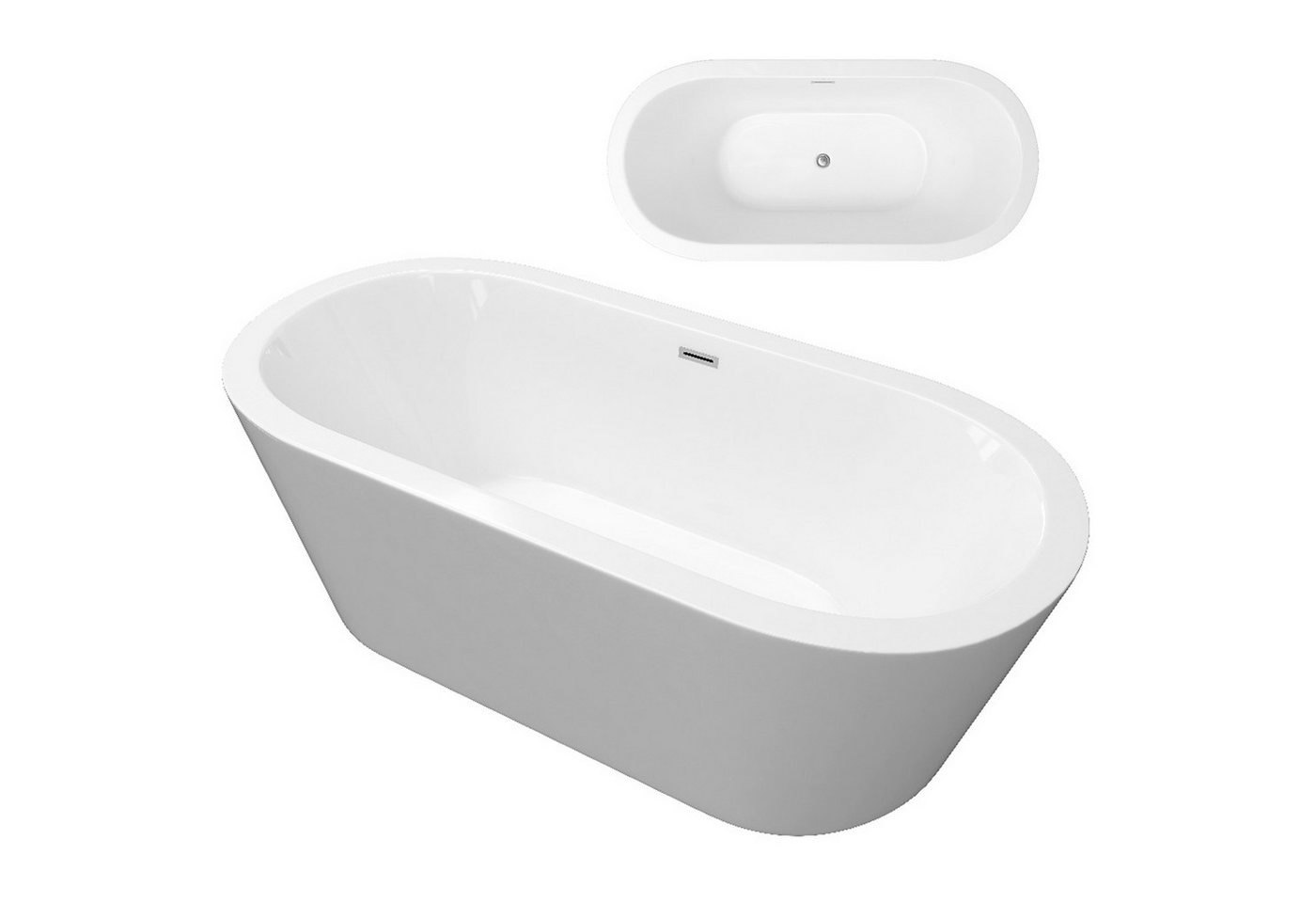 TroniTechnik Badewanne Freistehende Badewanne PIPERI, 168 x 80 x 60cm (L x B x H), (vormontiert, aus hochwertigem Sanitäracryl, Wärmespeichernd, 1-tlg), glasfaserversärktes Acryl, Überlauf-Ablauf und Push-to-open Abfluss von TroniTechnik