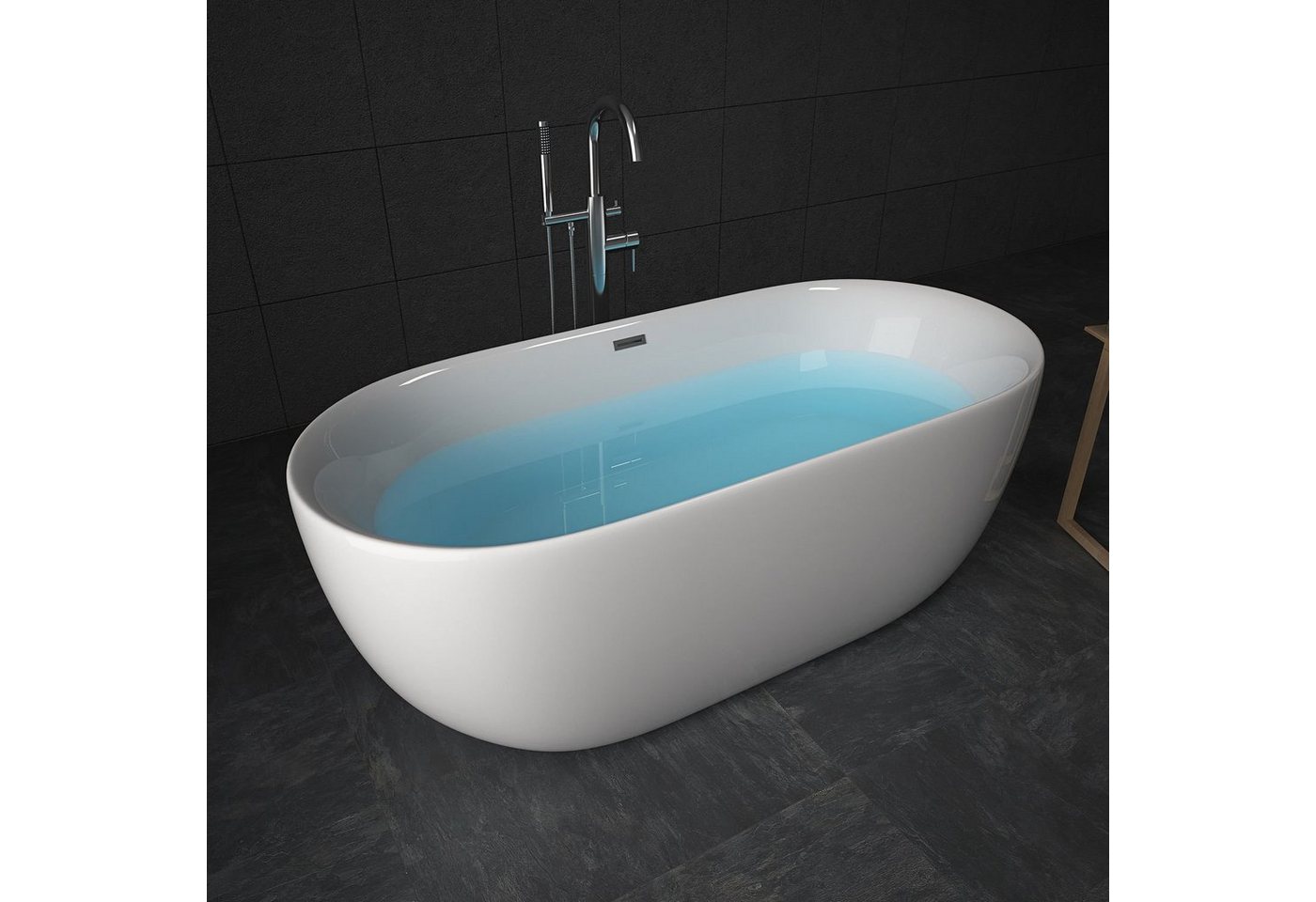 TroniTechnik Badewanne Freistehende Badewanne SIFNOS, 170 x 80 x 58cm (L x B x H), (vormontiert, aus hochwertigem Sanitäracryl, Wärmespeichernd, 1-tlg), glasfaserversärktes Acryl, Überlauf-Ablauf, Push-to-open Abfluss von TroniTechnik