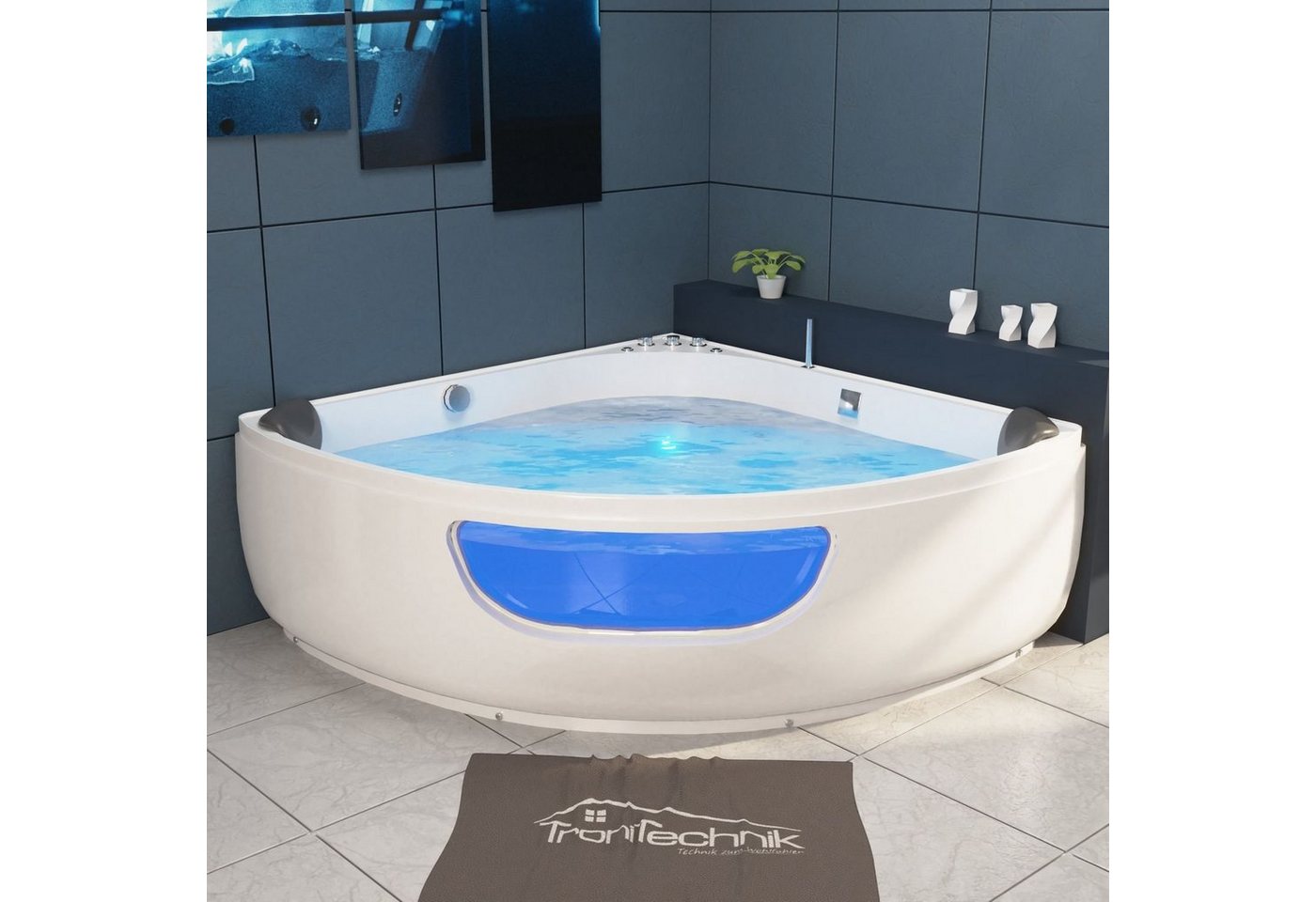 TroniTechnik Whirlpool-Badewanne PAROS 150 cm x 150 cm,Whirlpoolpumpe,Unterwasser LEDs, inkl. Zubehör, (inkl. Zubehör, vormontierte Badewanne mit Unterwasser LED), Premium Whirlpoolpumpe, Unterwasser LED, Massagedüsen von TroniTechnik