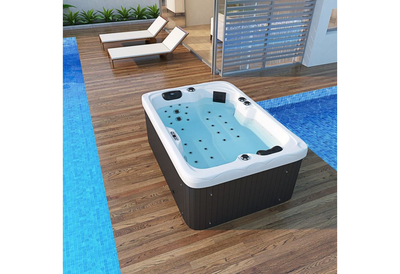 TroniTechnik Whirlpool Outdoor Whirlpool LEVANZO weiß, (3-tlg), Bluetooth Soundsystem, Heizungs-, Whirlpool-, Licht,- Pumpensteuerung von TroniTechnik