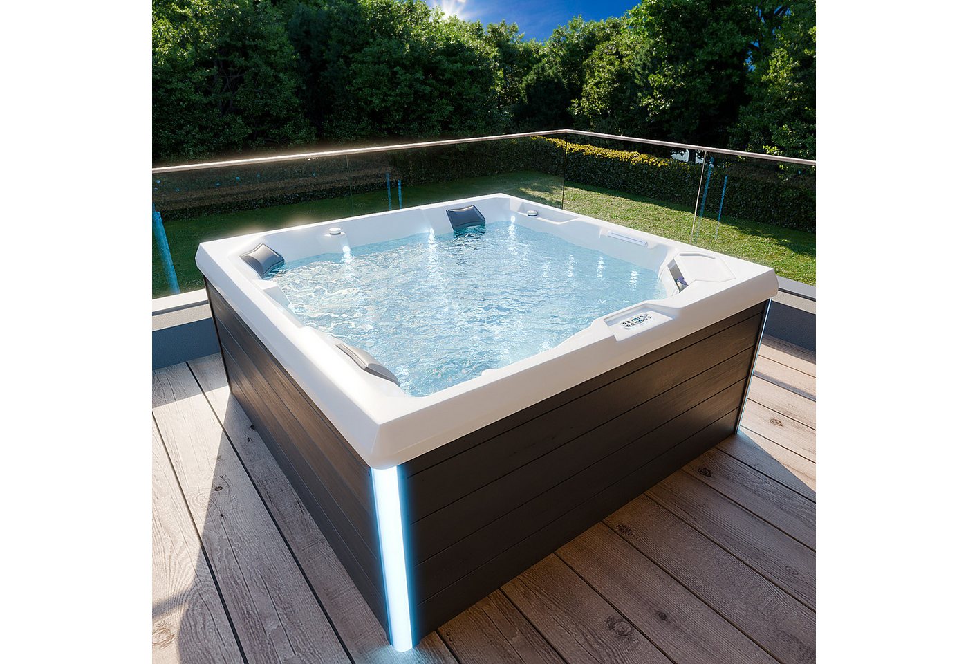 TroniTechnik Whirlpool Outdoor Whirlpool PANAREA weiß 210x210, (inkl. Thermoabdeckung & Treppe), integrierte Heizung, Massage, Led von TroniTechnik