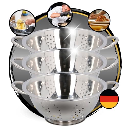 TronicXL 3 Stück Sieb Edelstahl Küchensieb Nudelsieb Abseiher Seiher Abtropfsieb Siebkorb Abseischüssel mit Griff und Standfunktion Ständer Standseiher Abseihschüssel Schüssel von TronicXL
