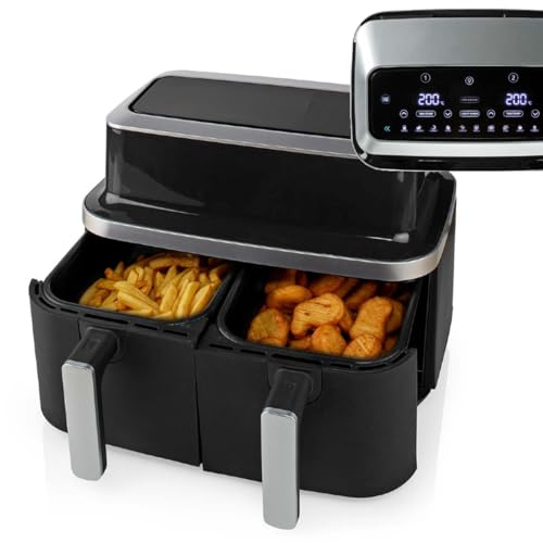 TronicXL DUO Heißluftfritteuse 2 Kammern Digital I Digitale Doppelkammer Heißluft Fritteuse Air Fryer mit Timer I 10 Programme I Friteuse I Dörrautomat I Display I Cool Touch von TronicXL