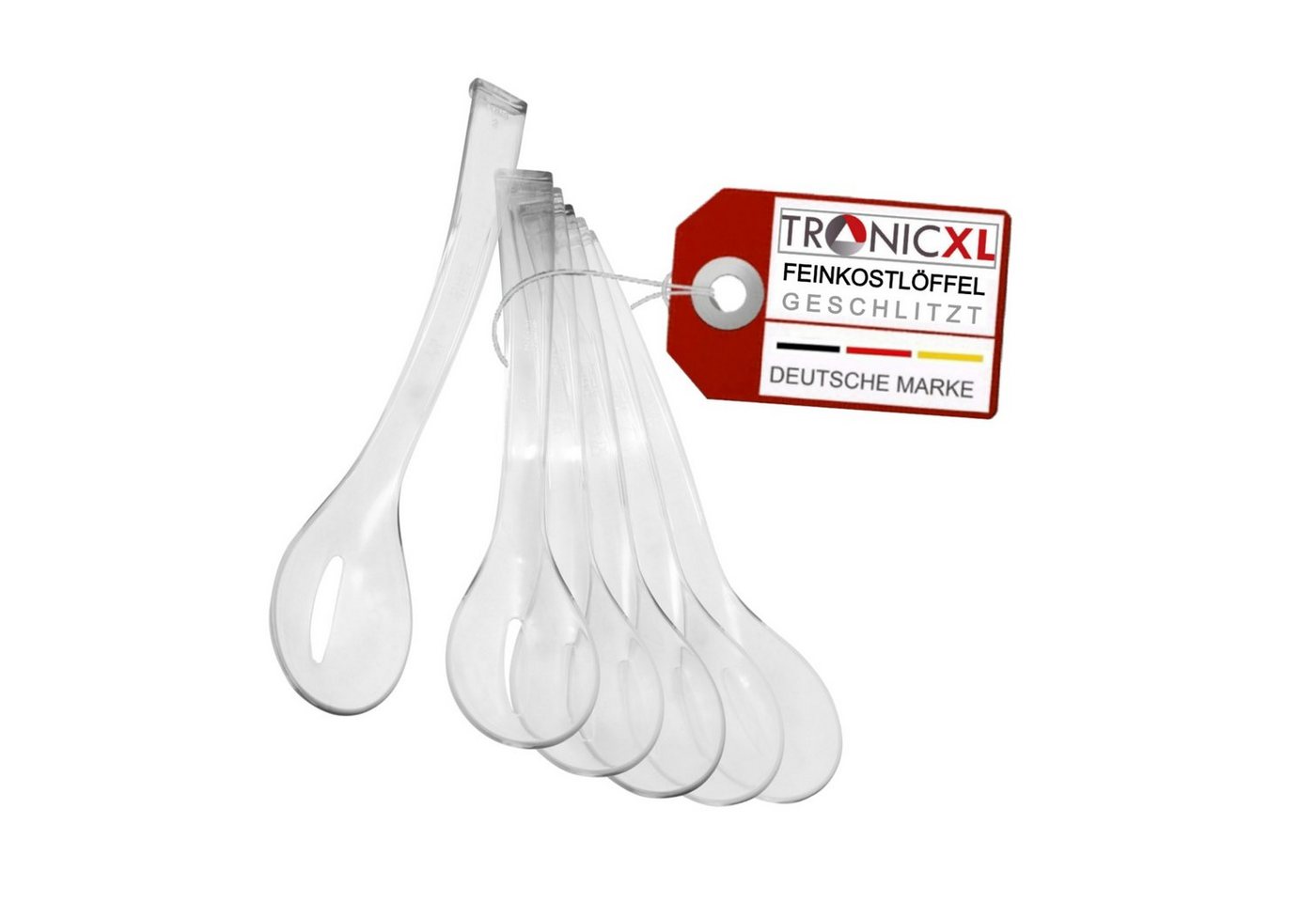 TronicXL Gießlöffel 60 Stück SAN Löffel TRANSPARENT geschlitzt Feinkost Salat Kapern Olive, Spülmaschinengeeignet, Für den Lebensmittelkontakt zertifiziert von TronicXL