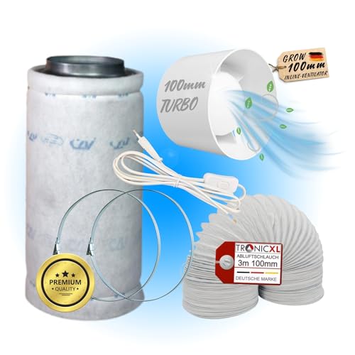 TronicXL Grow Abluft Set 100mm leise Belüftungsset für Growbox Aktivkohlefilter Lüfter Abluftlüfter Abluftschlauch mit Kabel Schalter kompatibel mit Mars Hydro Kingpower Vivosun Secret Jardin Zelt von TronicXL