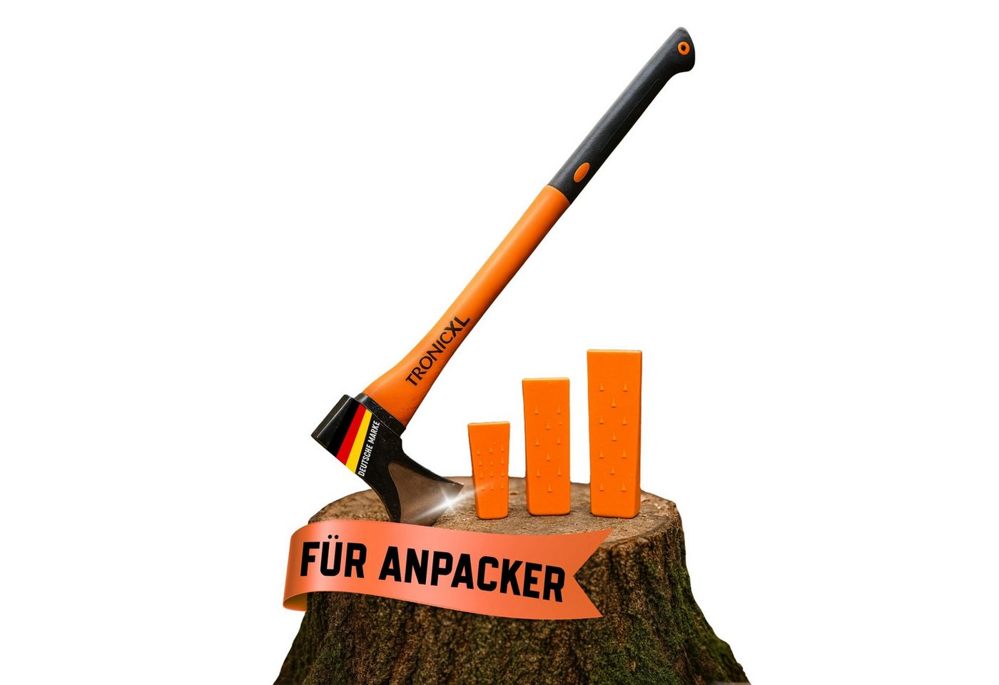 TronicXL Spaltaxt Fiberglas Spaltaxt Stahl Axt mit langem Stiel Fällkeile Spaltkeile Set, 88 cm Länge, (Holz machen, 1-St., Profi Forst), Fällkeile Brennholz Holz spalten fällen von TronicXL