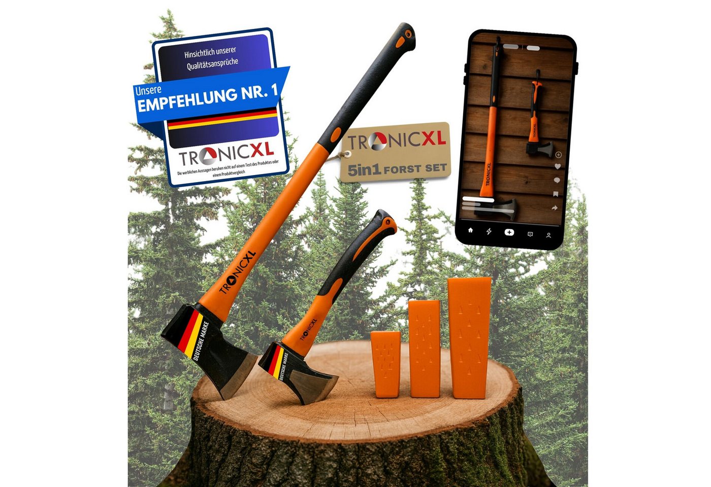 TronicXL Spaltaxt Spaltaxt Set für Holz Forst Axt Beil Keile Spaltbeil Fällaxt Brennholz, 88 cm Länge, (Äxte Set, 5-St., Spaltäxte), Profi Spaltaxt Forstbedarf Camping Outdoor Feuerholz von TronicXL
