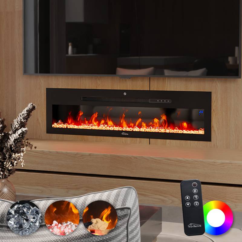 TroniTechnik Wandkamin Panorama Elektrokamin LED Flammeneffekt Elektrisch Timer 12 Farben inkl. Kristalle 900/1800W schwarz von Tronitechnik