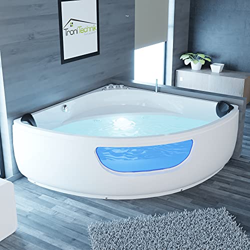 Tronitechnik® Eckbadewanne mit Whirlpool 150x150cm mit Sitz Acrylwanne für zwei Personen, Eck-Badewanne mit Armatur, freistehend und vormontiert Indoor Whirlpoolbadewanne mit LED von Tronitechnik