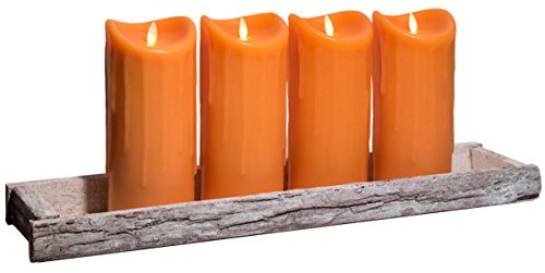 Dekoschale Holz Tablett 59x14cm inkl. 4 LED Kerzen 23cm Orange bewegte Flamme Timer Kerzentablett Shabby Chic Landhaus von Tronje