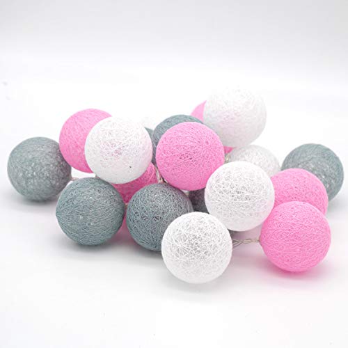 Tronje 20 LED Baumwollkugeln 6cm - 3,8m Kugel-Lichterkette 4h-Timer batteriebetrieben Lichterkugeln Pink-Grau von Tronje