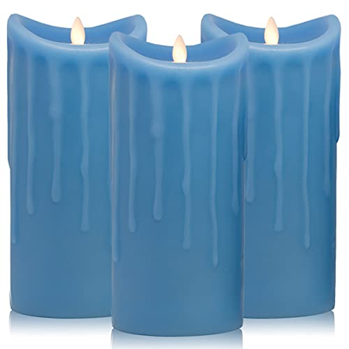 Tronje LED Echtwachskerzen 3er Set mit Timer - 23/23/23 cm Kerzen Blau Wachstropfen mit beweglicher Flamme von Tronje