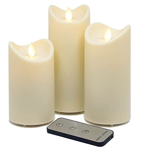 Tronje LED Outdoor Kerzen - 3er Set mit Timer u. Fernbedienung - 13/15/18cm Stumpenkerzen Creme - beweglicher Flamme - IP44 UV Hitzebeständig von Tronje