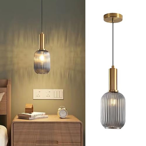 Tropibed Industrielle Vintage Pendelleuchte, e27 Glas Hängelampe, Lampenschirm aus Gestreiftem Glas Retro Deckenleuchte Hängelampe für Esszimmer Schlafzimmer Küchen Kronleuchter (Grau, 13cm) von Tropibed