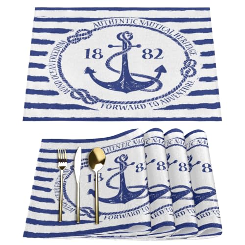 Blaue Anker Tischsets Stoff Tischmatten 6er Set Nautisch Anker Platzset für Küche Esstisch Zuhause Waschbar rutschfest Wärme Platzset von TropicalLife