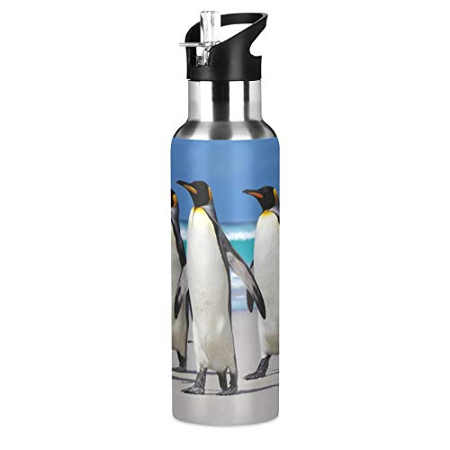 JNlover Lustige Tier Pinguine Strand Edelstahl Vakuum Isolierte Wasserflasche Sport Trinkflasche mit Strohhalm für Camping Laufen Gym Yoga 600ml von TropicalLife