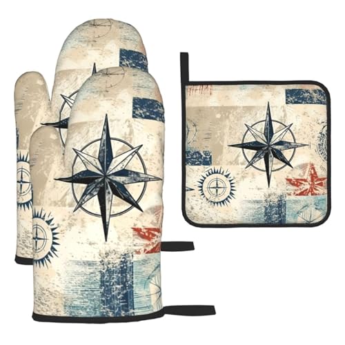 TropicalLife Maritime Copmass Ofenhandschuhe Küche Kochen Pfannen Topflappen Wasserdicht Set von 3 Ofenhandschuhen Backen Grillen Grillen Mikrowelle von TropicalLife