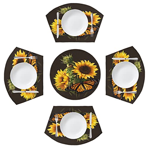 Runde Platzsets Set mit 4 Blumen Sonnenblume Schmetterling Keil Platzsets mit Tafelaufsatz Runde Tischsets Hitzebeständig Waschbar Platzsets für Esstisch (5 Stück) von TropicalLife