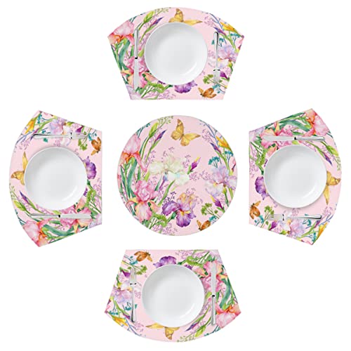 Runde Platzsets Set mit 4 Frühlingsblumenblättern Schmetterling Tier Keil Platzsets mit Tafelaufsatz Runde Tischsets Hitzebeständig Waschbar Platzsets für Esstisch (5 Stück) von TropicalLife