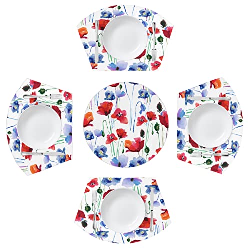 Runde Platzsets Set mit 4 blauen roten Mohnblumen-Keil-Tischsets mit Tafelaufsatz, runde Tischsets, hitzebeständig, waschbar, Tischsets für Esstisch (5 Stück) von TropicalLife