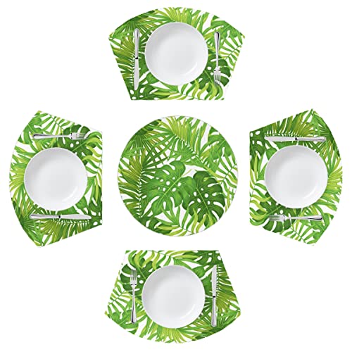 Runde Platzsets Set mit 4 tropischen Monstera Palmblättern Keil Platzsets mit Tafelaufsatz Runde Tischsets Hitzebeständig Waschbar Platzsets für Esstisch (5 Stück) von TropicalLife