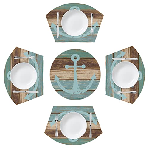 Runde Tischsets 4er Set Retro Holz Ozean Anker Keil Platzsets mit Tafelaufsatz Runde Tischsets Hitzebeständig Waschbar Platzsets für Esstisch (5 Stück) von TropicalLife