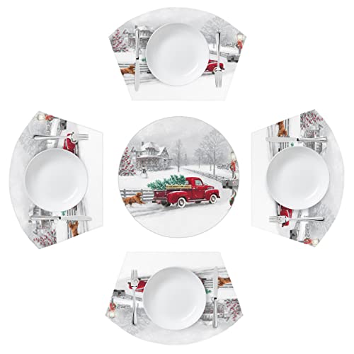 Runde Tischsets 4er Set Winter Weihnachten Rot LKW Keil Platzsets mit Tafelaufsatz Runde Tischsets Hitzebeständig Waschbar Platzsets für Esstisch (5 Stück) von TropicalLife