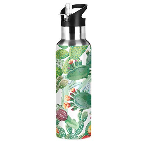 Tropical Cactus Pattern Stainless Steel Vacuum Insulated Water Bottle, Sport Drink Bottle with Straw for Camping Running Gym Yoga, 600 ml von TropicalLife