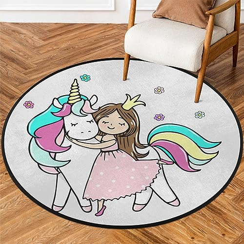 TropicalLife Cartoon Einhorn Prinzessin Runder Bereich Teppich für Zimmer Zuhause 160 cm Einhorn Kreis Bereich Teppiche Indoor rutschfeste Boden Indoor Große Matte Teppich von TropicalLife