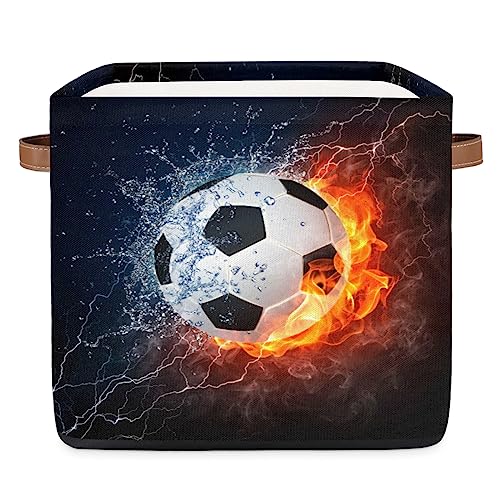 TropicalLife Fußball-Aufbewahrungskorb, 36 l, Feuer-Fußballdruck, zusammenklappbar, Stoff, Aufbewahrungsbox, Schlafzimmer, Badezimmer, Zuhause, Kinderzimmer, Organizer für Spielzeug, Kleidung von TropicalLife