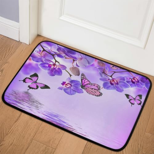 TropicalLife Fußmatte mit violetten Orchideen und Schmetterlingen, 50,8 x 78,7 cm, violett, für Zimmer, Küche, Zuhause, Bad, Innen- und Außenbereich, rutschfeste Bodenmatte von TropicalLife