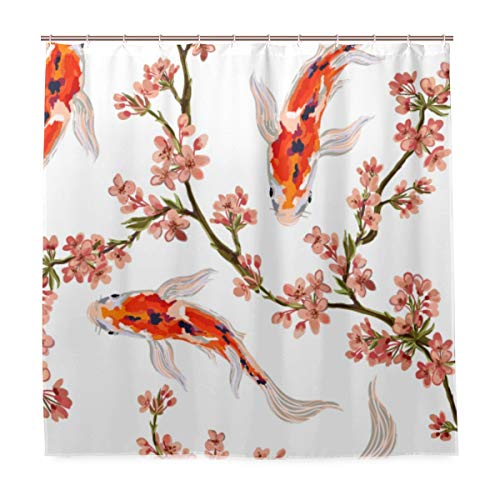 TropicalLife HaJie Badezimmer Duschvorhang Japan Kirschblüten Fisch 183 x 183 cm Badvorhang mit Haken Wasserdicht Stoff Vorhang von TropicalLife