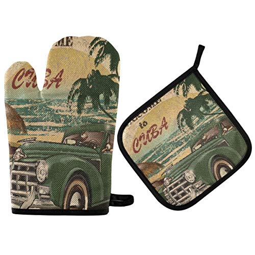TropicalLife Hajie Retro Vintage Kuba Auto Topflappen Set Hitzebeständige Pad Handschuh mit Aufhängeschlaufe für Männer Frauen Backen Kochen Grillen von TropicalLife