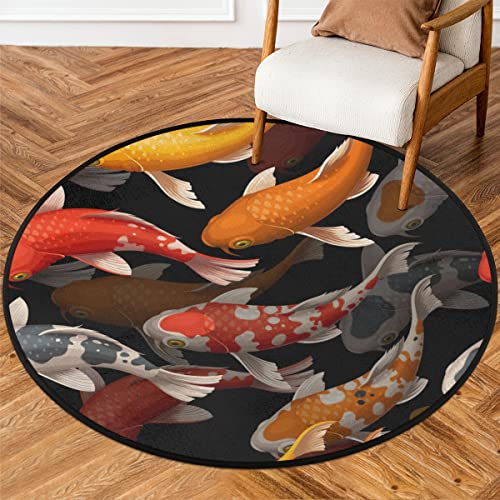 TropicalLife Japanischer Fischbereich, runder Teppich für Wohnzimmer, 160 cm, Koi-Fisch-Teppich, rutschfest, maschinenwaschbar, Nachttisch, großer Bodenteppich für Schlafzimmer von TropicalLife