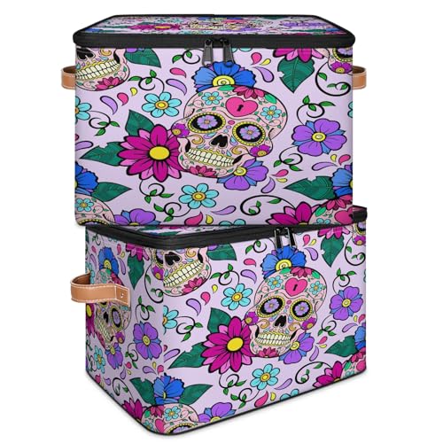 TropicalLife Sugar Skull Flower Storage Boxse Collapsible Fabric Skull Designs Large Storage Bin Basket with Zipper Lid Bedroom Home Nursery Organizer for Toys Clothes Set 2 von TropicalLife