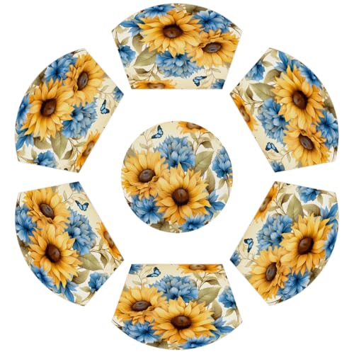 TropicalLife Tischsets für runde Tische, 7er-Set (6 Keil-Tischsets + 1 Mittelstück), PVC, wasserdicht, hitzebeständig, Sonnenblumen-, Schmetterlingsmuster, Küche, Esszimmer, Dekoration von TropicalLife