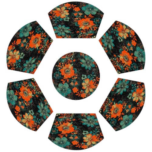 TropicalLife Tischsets für runde Tische, 7er-Set (6 Keil-Tischsets + 1 Mittelstück), PVC, wasserdicht, hitzebeständig, türkis-orange Blume, Grunge für Küche, Esszimmer von TropicalLife