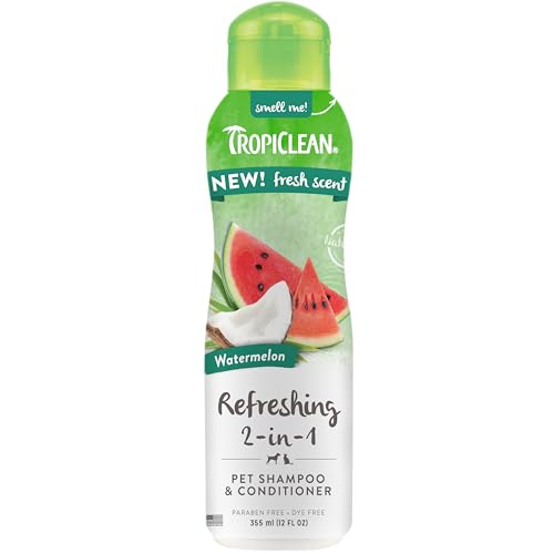 TropiClean Erfrischendes 2-in-1 Wassermelonenshampoo und -Conditioner für Katzen und Hunde, Badezubehör für Katzen und Hunde, 355 ml von Tropiclean